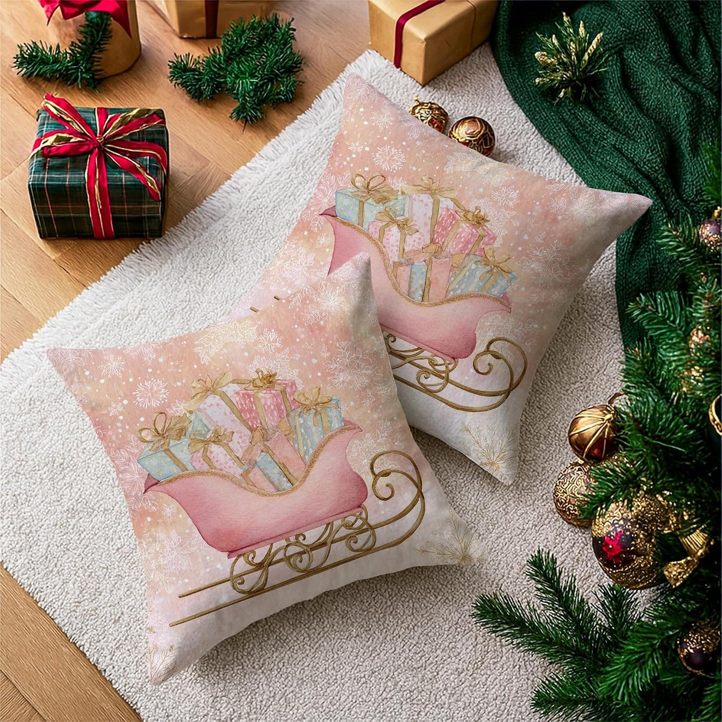 Sleigh Throw Pillow Covers Set of 2, Christmas Fanciful Presents Snowflakes Xmas Peach Soft Velvet Washable Accents Pillows Cases for Living Room Bed Office Sofa Chair Decor 18x18 Inch