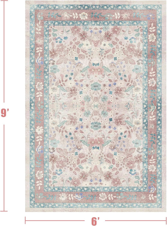 Deerly Pink Floral Area Rugs 5x7 Boho Washable Non-Slip Living Room Carpet Soft Low Pile Vintage Thin Bedroom Floor Mat Indoor for Playroom Nursery Kids Girls Room Farmhouse, Light Pink/Blue/Multi