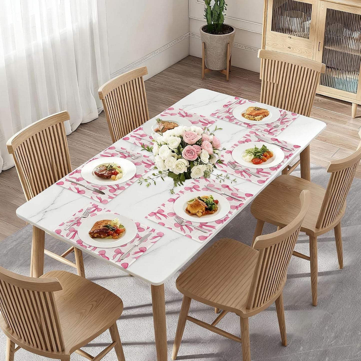 Pink Cute Bow Placemats Set of 6,Dinner Table Mats Non-Slip Washable Mats for Kitchen Dinner Party Tablemat 12x18Inch
