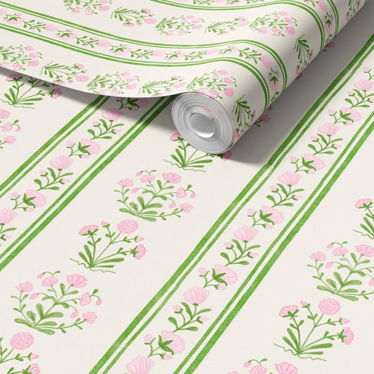 RollsRolla Green Stripe Peel and Stick Wallpaper Featuring Pink Floral, Vintage Farmhouse Inspired Renter Friendly Wallpaper, Cute and Whimsical Style for Girls Room, Bathroom, Laundry Room