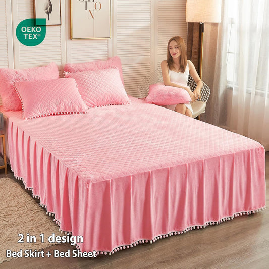 LIFEREVO Luxury Pom Poms Velvet Bed Skirt, Velvet Wrap Around Bed Skirt, Diamond Quilted Fitted Bed Sheet Bedskirt, 18 Inch Drop Dust Ruffle Decorative Bedspread Pompoms Fringe(Twin/Twin XL, Pink)