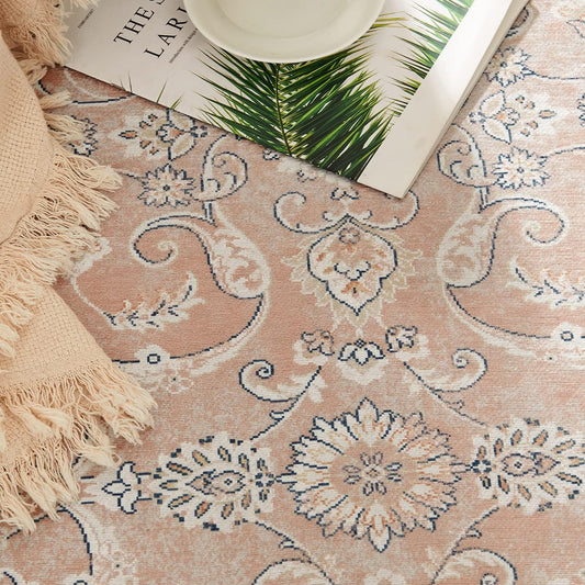 jinchan Area Rug 5x7 Washable Pink Vintage Rug Indoor Mat Traditional Foldable Distressed Thin Retro Floral Print Rug Floor Non Slip Carpet Kitchen Bedroom Living Room Dining Room