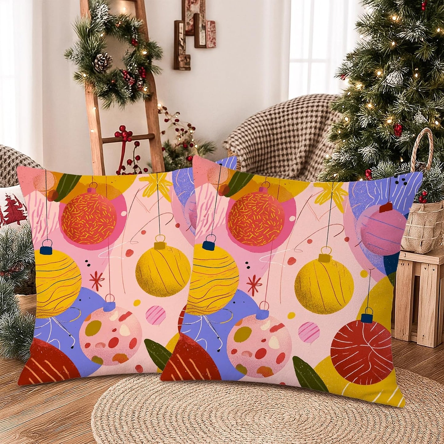 Christmas Ornament Throw Pillow Covers Set of 2, Festive Modern Flower Star Xmas Peach Soft Velvet Washable Couch Pillow Covers for Living Room Apartment Bed Sofa Decor 22x22 Inch