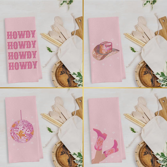 Pink Cowgirl Kitchen Towels Set - Pink Western Cowgirl Dish Towels, Western Kitchen Bathroom Decor, Preppy Y2k Howdy Disco Ball Hand Tea Towels (16×24 Inches Set of 4)
