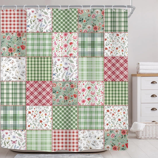 Riyidecor Long Cute Plaid Floral Shower Curtain for Bathroom Decor 72Wx78H Green Boho Flower Pink Retro Patchwork Wildflowers Checkered Art Printed Fabric Polyester Waterproof 12 Pack Plastic Hooks