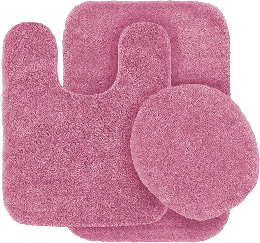 3 Piece Chenille Bath Rug Set Non Slip Medium Rug Countour Rug and Toilet Lid Cover #6 (Light Pink)