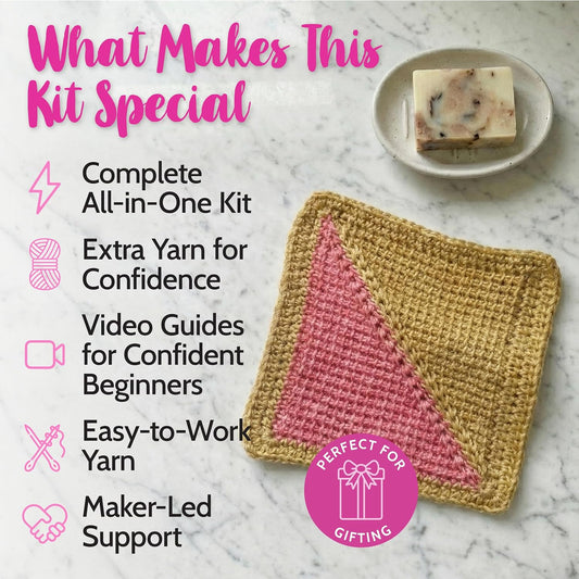 KnitPal Everyday Joy Tunisian Crochet Dishcloth Kit for Confident Beginners – Make 4 Reusable Dishcloths – Cotton Yarn, Tunisian Crochet Hook, 2 Patterns & Video Tutorials (Camel Brown+Flamingo Pink)