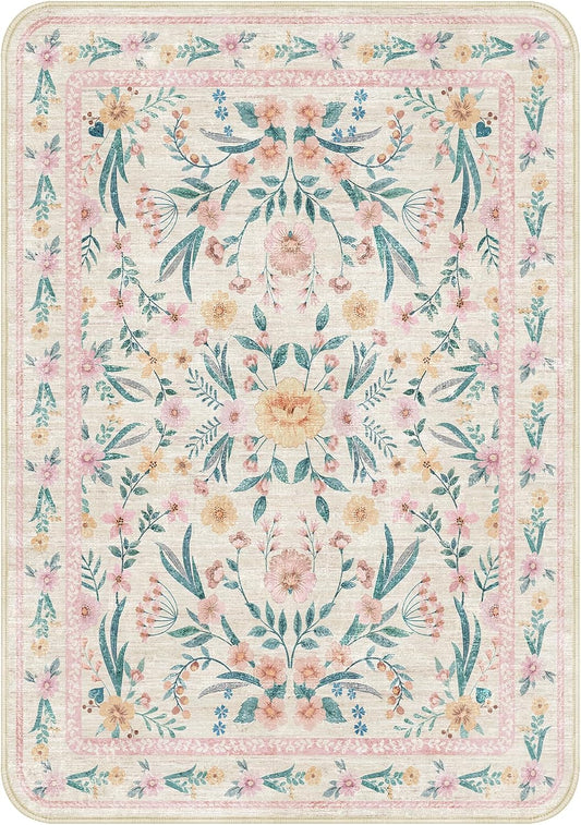 Pink Boho Rug 5x8 with Rounded Corners โ Washable Floral Pastel Non-Slip Area Rug for Nursery, Girls Bedroom, Kids Room, Living Room, Playroom, Dorm Decor