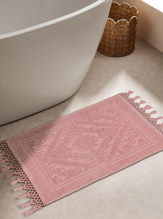 Savi Home Cotton Woven Jacquard Bathroom Rug, Woven Fringe Bathroom Mats, 100% Cotton, Non - Slip Bath Mat, Durable Thick Bath Mat 17โx30โ with Fringes, Baby Pink