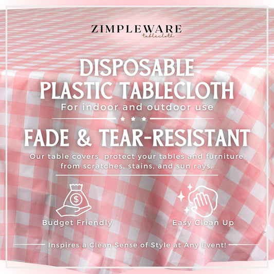 ZIMPLEWARE Premium Pink Gingham Checkered Plastic Table Cloth Disposable (12 Pack) Round Tablecloth (84in) Party Table Cloths Disposable, Perfect Table Cloth Round Cover for Any Table Up to 6 Feet