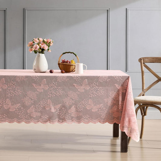 HLC.ME Butterfly Floral Lace Fabric Tablecloth, Lace Fabric Table Cloth for Rectangle Tables, Wrinkle Resistant Tablecloth, Patterned Scalloped Tablecloth (60 W x 104 L, Blush Pink)