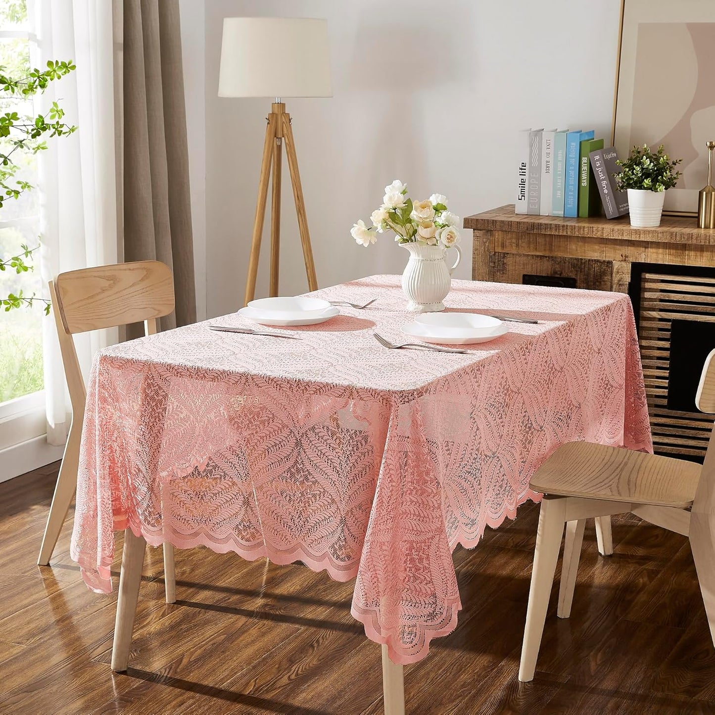 Warm Home Designs 60 x 84 Blush Pink Leaf Lace Tablecloth. AME Blush 60x84 | Rectangular Lace Tablecloth with Large Leaves. Floral Table Cloth, Rustic Overlay, Boho Table Cover for Farmhouse Kitchen.