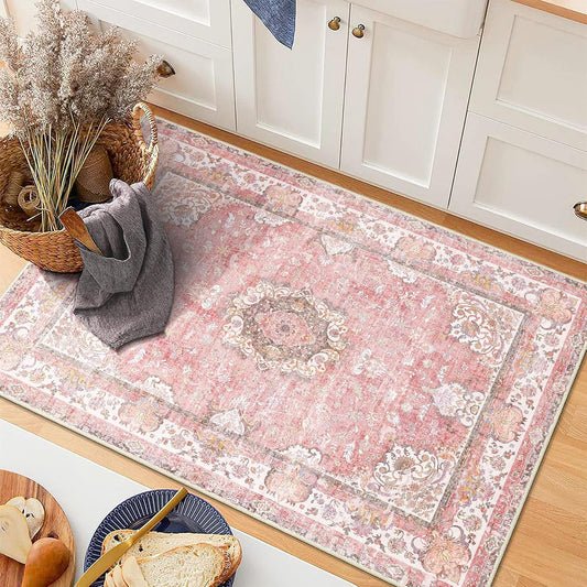 Small Rugs 2'x3',Pink Rug for Entryway Bathroom Kitchen Entrance Doormat,Boho Vintage Bohemian Distressed Washable Accent Indoor Mat Floor Throw Carpet Non Slip,Blush Floral Flowers