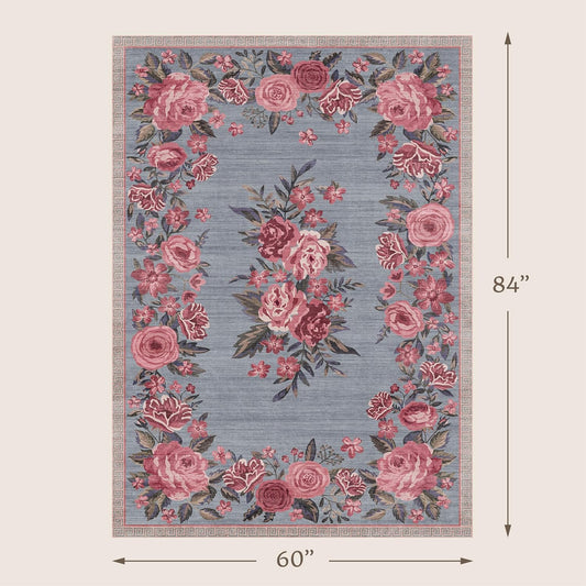 Washable Area Rug 5x7, Soft Non Slip Low Pile Living Room Carpet, Pink Vintage Floral Rose Bedside Rug for Bedroom Large Entryway, Stain Resistant Cottagecore Floor Mat