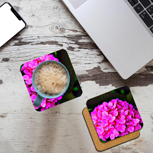 3dRose Pretty Pink Hydrangea Flower with an Image of Light Infusion Painting Set of 8 Coasters - Cork