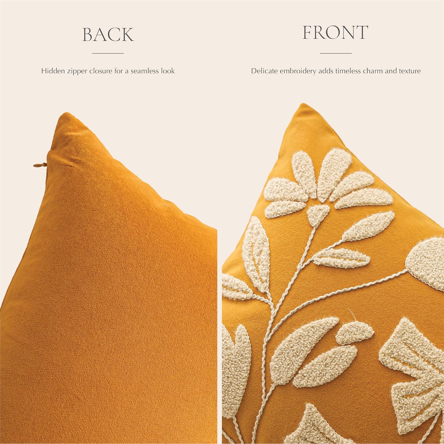 BlissBlush Throw Pillow Cover 20x20 Inch, Mustard Floral Tufted Velvet Decorative Accent Pillow Case for Sofa Bed Living Room, Cover Only