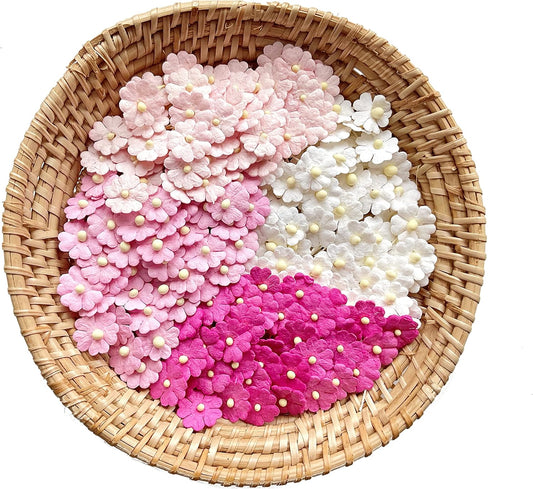 Set of 50 Tiny. Pretty Flowers Embellishment with Thread stem multicolored1 Tone Pink Size 0.31" Mulberry Paper Flowers Craft Supplies Scrap Booking Embellishments for so Many Card Craft Projects
