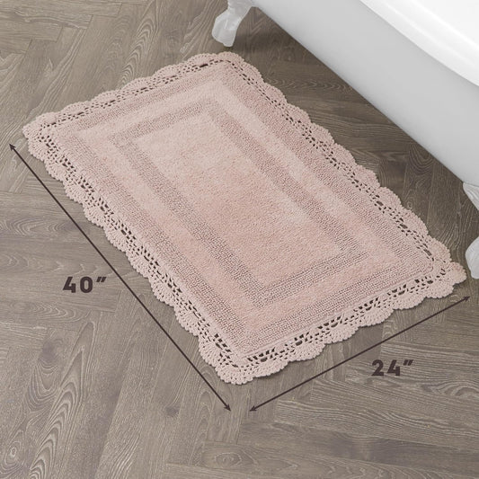 Laura Ashley Absorbent Bath Mat Reversible Crochet Soft and Plush Bathroom Mat 100% Cotton 24x40 Bath Rug, Blush Pink
