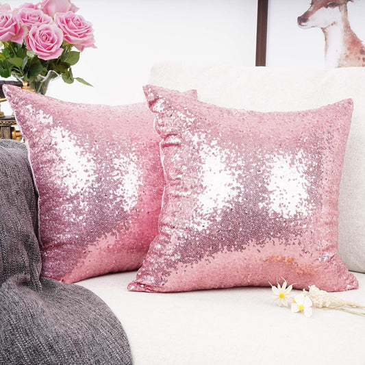 YOUR SMILE Pack of 2, New Luxury Series Solid Color Pink Decorative Glitzy Sequin & Comfy Satin Throw Pillow Cover Cushion Case for Wedding/Christmas,20 x 20 inch