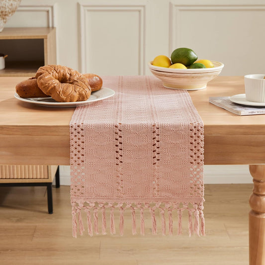 ZeeMart Macrame Style Boho Table Runner, Pink Table Runners 36 Inches Long, Farmhouse Woven Home Decor, 12x36 Inch, Light Pink