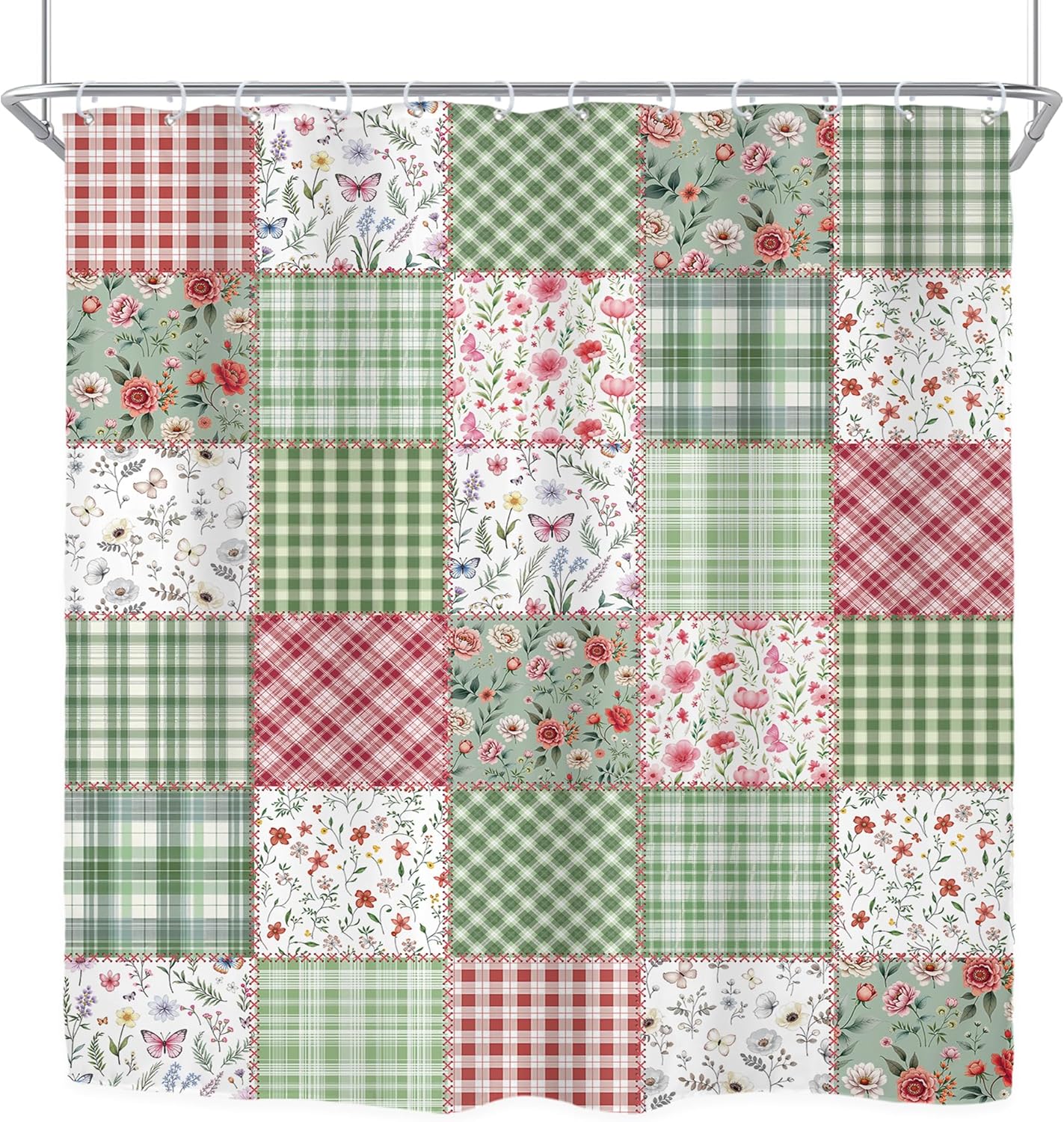 Riyidecor Long Cute Plaid Floral Shower Curtain for Bathroom Decor 72Wx78H Green Boho Flower Pink Retro Patchwork Wildflowers Checkered Art Printed Fabric Polyester Waterproof 12 Pack Plastic Hooks