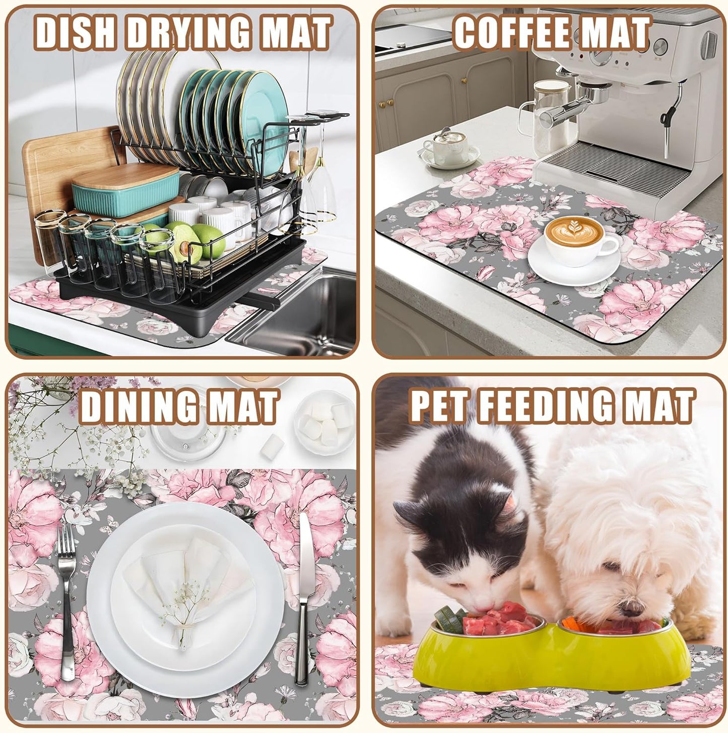 Pink Flowers and Leaves Coffee Mat Absorbent Dish Drying Mat for Kitchen Counter Hide Stain Rubber Backed Coffee Bar Accessories Fit Under Espresso Machine Cafe Table, 11.8 x 19.7 Inch