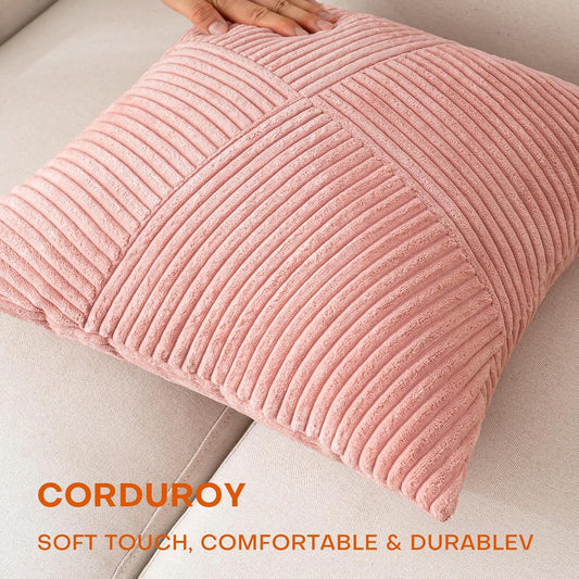 Decorative Throw Pillow Covers20x20 Inch Set of 2 for Boho Living Room Farmhouse Home Decor, Spring Pillow Covers for Couch Bed, Soft Corduroy Striped Patchwork Cushion Cases, Blush Pink