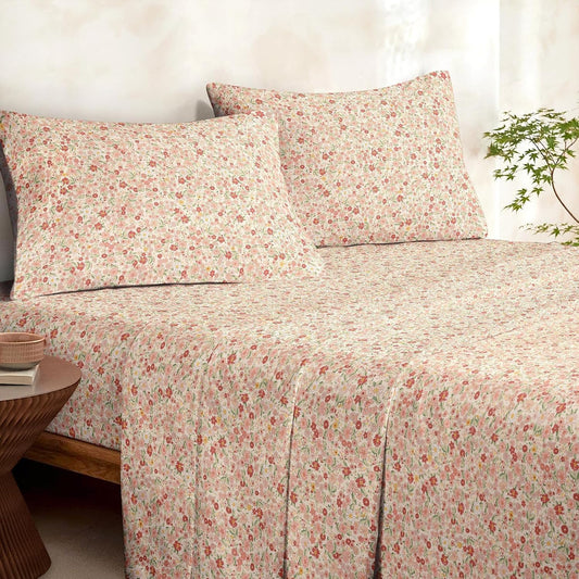 Wake In Cloud - Floral Bed Sheets, 4-Piece Sheet Set, Shabby Chic Flower Pattern Printed Country Coquette Cottage Aesthetic Bedding, Deep Pocket, Cream Pink, Queen Size