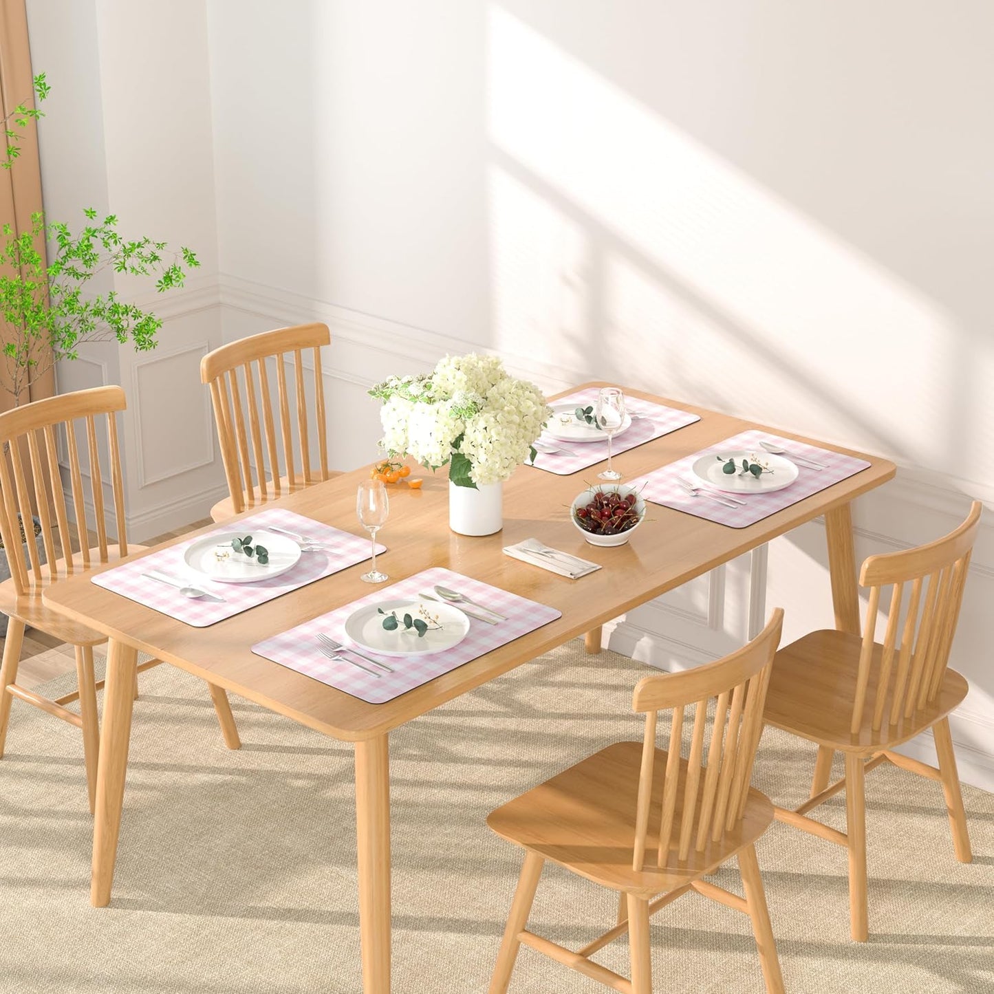 QiyI Placemats Set of 6, 12x18 Inch Faux Leather Place Mats for Kitchen Dinning, Heat Resistant Anti Slip Grid Table Mats, Waterproof Wipeable Washable Placemat Party Table Décor, Pink Gingham Check