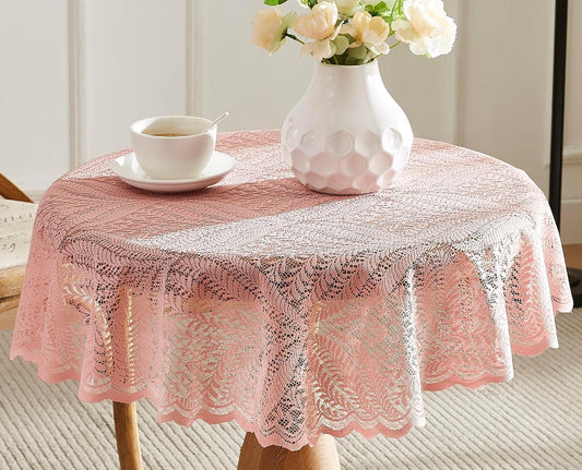 LinenZone 36 Blush Lace Round Tablecloth. (Amelia 36 Round, Blush) | Luxury Lace Leaf Tablecloth with Floral Design for Country, Vintage & Farmhouse Table Decor or Rustic Kitchen Decor.