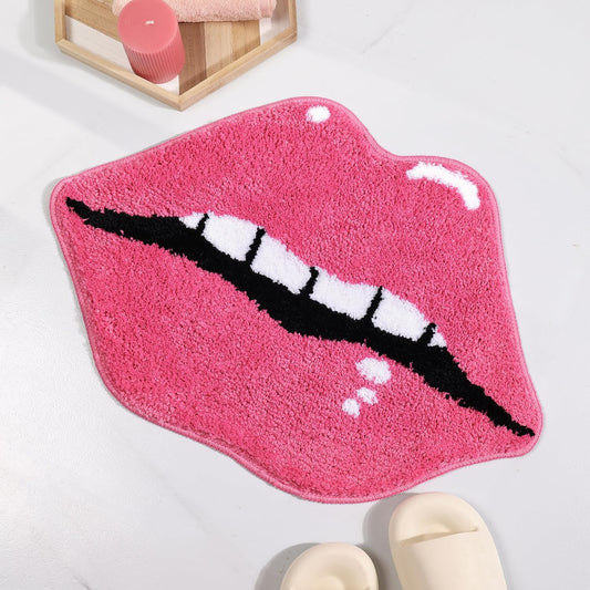 Panstar Pink Bathroom Rugs, Cute Lips Bath Mat Non Slip Lips Shaped Absorbent Bathtub Rug Bathroom Plush Shower Rugs.