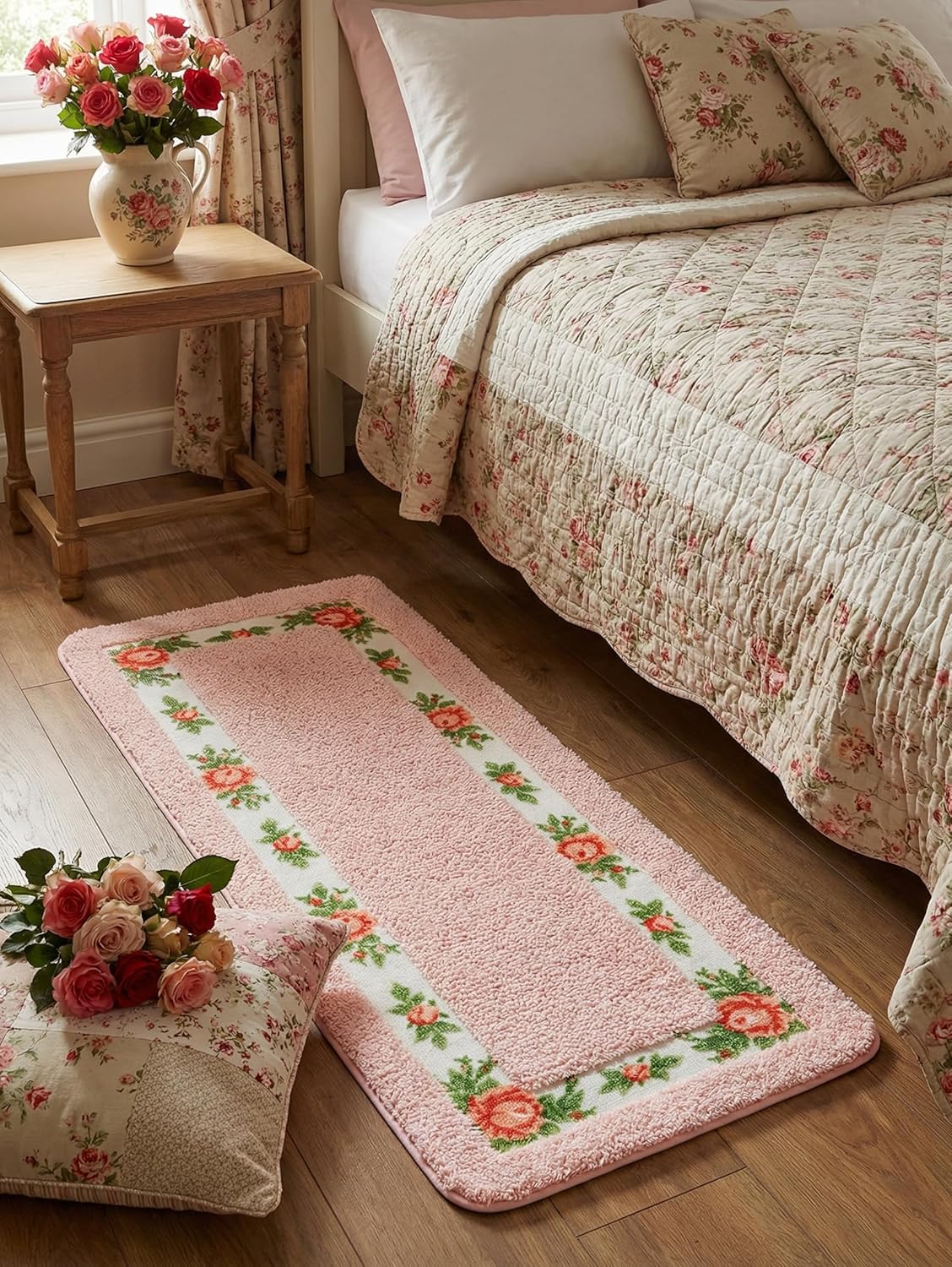 Stay Young Decorative Rose Flower Area Rugs for Bedroom Living Room,Pink Bath Mat Bathroom Rugs,Super Soft Non Slip Absorbent,Floral Style Coquette Room Decor 17.71 x 47.24 Inches