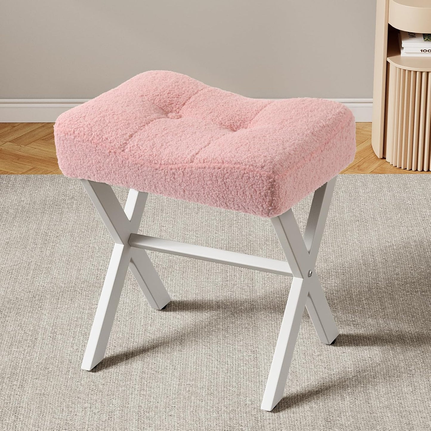 Memobarco 18-Inch Vanity Stool Chair, Vanity Bench with Metal X-Legs, Ottoman Accent Stool with Breathable and Soft Boucle Fabric Saddle Seat, Pink