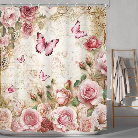 Rustic Pink Rose Butterfly Shower Curtain Bathroom Set 60Wx71H Inches Floral Peony Green Leaves Plant Text Background Bath Accessories Botanical Botany Art Home Decor Fabric 12 Pack Hooks