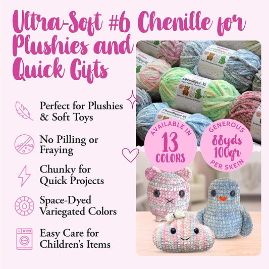 Chenillique XL Plush Velvet Chenille Yarn #6 Super Bulky – 4-Pack (352 Yards / 400 g) – Variegated Yarn for Plushies, Blankets, Amigurumi & Accessories - Peach Fizz