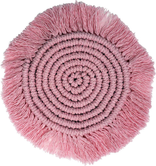 Macrame 100% Cotton Coasters Handmade in India - Elegant and Absorbent 6-inch Round Woven Boho Coaster Set with Fringe Tassels for Drinks and Mugs (Blush Pink)