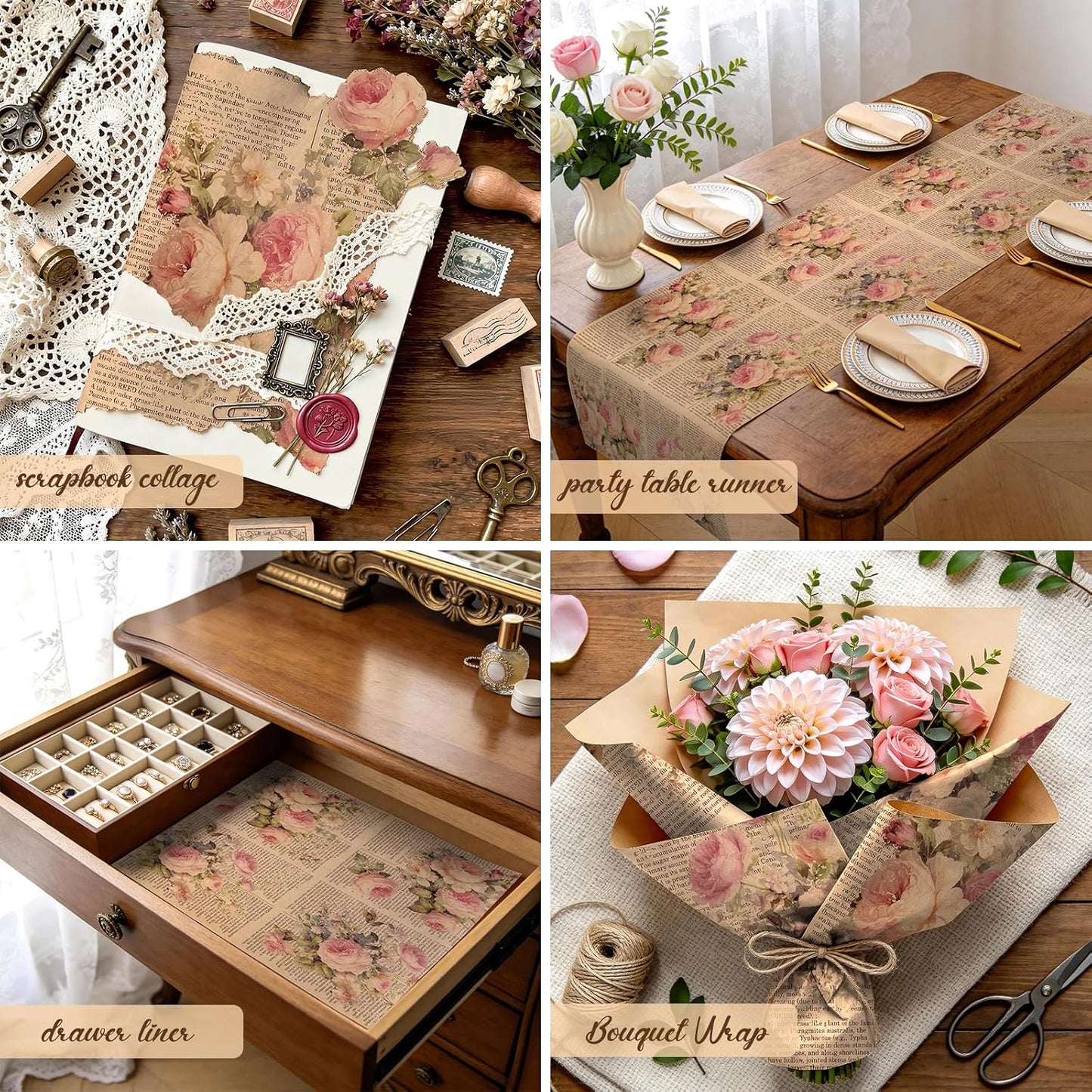 WRAPAHOLIC Kraft Vintage Floral Wrapping Paper - Mini Roll - 17 Inch x 16.5 Feet - Pink Retro Rose Flower Letter Print Newspaper Kraft Wrapping Paper for Birthday, Wedding, Bridal Shower, Anniversary