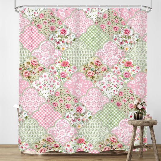 Boho Pink Floral Shower Curtain 60Wx72H Inches Bohemian Vintage Retro Cute Green Pink Checkered Patchwork Flowers Cloth Fabric Waterproof Polyester Bathroom Home Decor Set with Hooks