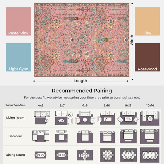 Kokia Boho Vintage Floral Botanical 8x10 Washable Rugs, Soft Non-Slip Rosette Pink Rugs for Girls Bedroom, Nursery, Living Room, Kids Playroom, Office