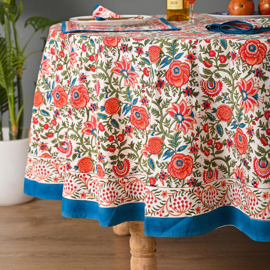 Hand Block Printed Cotton Tablecloth โ Elegant Floral Design Perfect for Dining Table Kitchen Parties Home Decor, Wall Tapestry (Peach Floral, 4 Seater 60 Inches Round)