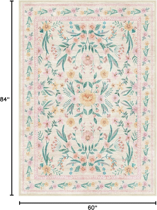 5x7 Pink Floral Nursery Rug,Pink Rugs for Bedroom Girls,Machine Washable Non Slip Soft Faux Wool Carpet,Cute Boho Indoor Area Rugs for Kids Room or Playroom