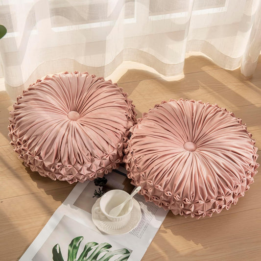 Round Throw Pillow Set of 2 โ Decorative Velvet Ruched Pumpkin Pillows with Button Center, Soft Handmade Cushions for Couch Sofa Bed Farmhouse Vintage Rustic Decor, 14.5" R, Pink