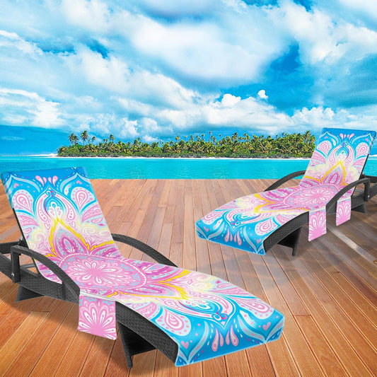 Lounge Chair Towel Cover, Chaise Lounge Cover (Pack of 2), Beach Chair Covers with 3 Pockets for Trips Beach Pool Garden Sunbathing Courtyard, 85 x30 in, Mandala Style Pink Blue