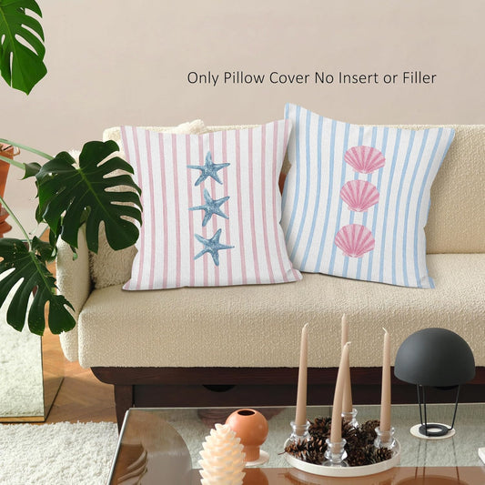 Preppy Starfish Seashell Throw Pillow Covers Set of 2, Pink and Blue Striped Pillow Case Cover for Girls Room, Coastal Square Pillowcase, Beachy Coquette Cushion Cover Case for Couch,18x18