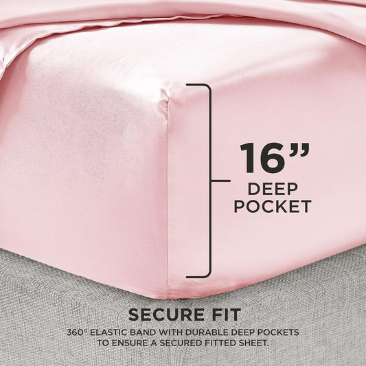 Juicy Couture Full Size Silk Satin Bed Sheet Set, Deep Pocket Silky Full Sheet Set with 1 Fitted Sheet, 1 Flat Sheet and 2 Pillow Case, Wrinkle Resistant and Anti Pilling Bed Sheets - Pink