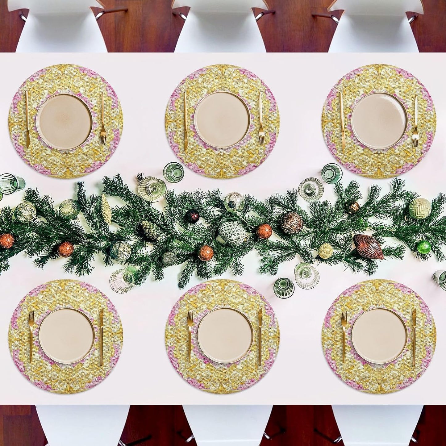 Retro Floral Pattern Gold and Peach placemats for Dining Table Round Reusable Place mats Washable Cloth placemats platemats placemats Heat Resistant Waterproof Vinyl placemats Set of 6