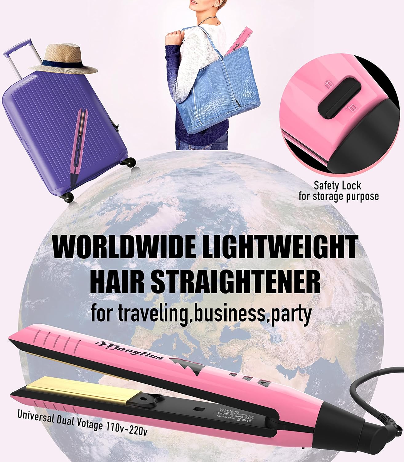 2 in 1 Hair Straightener and Curler-15s Fast Heating Ceramic Flat Iron, LCD Temp Display, Wide Plates for Short/Long Hair, Portable Travel Straightener with Heat-Resistant Glove & Clips,Pink