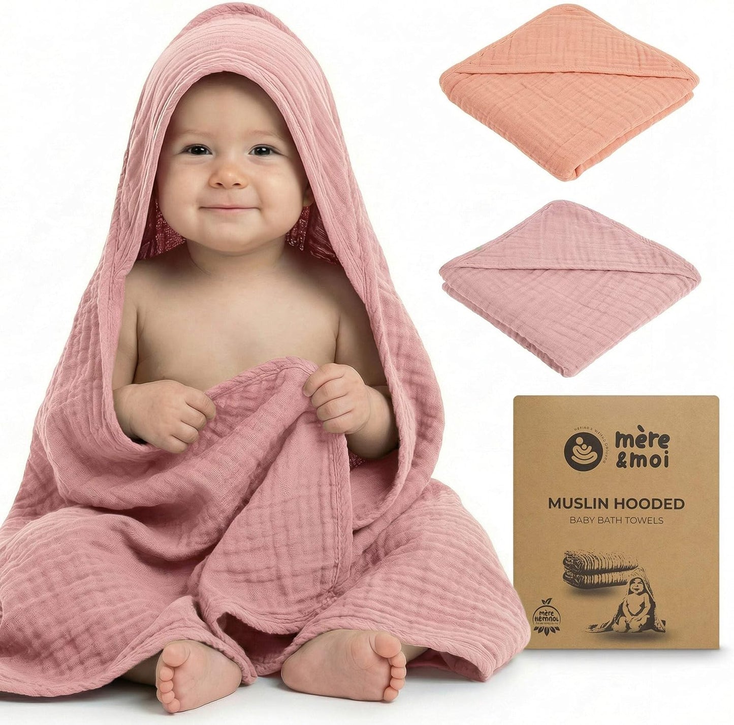 Mère & Moi: Muslin Hooded Baby Bath Towel – 2 Pack, Pink & Peach - 30", Soft Cotton, Absorbent, Quick-Dry, Oeko-TEX, Pool-Water, Newborn-Toddler Care