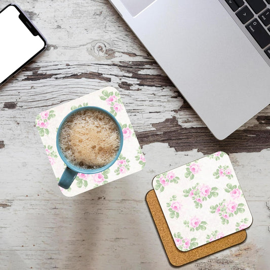 3dRose Vintage Pink Roses Pattern - Rose Flowers on Light Cream Damask - Shabby Chic Sun-Faded Look Floral Set of 4 Coasters - Cork