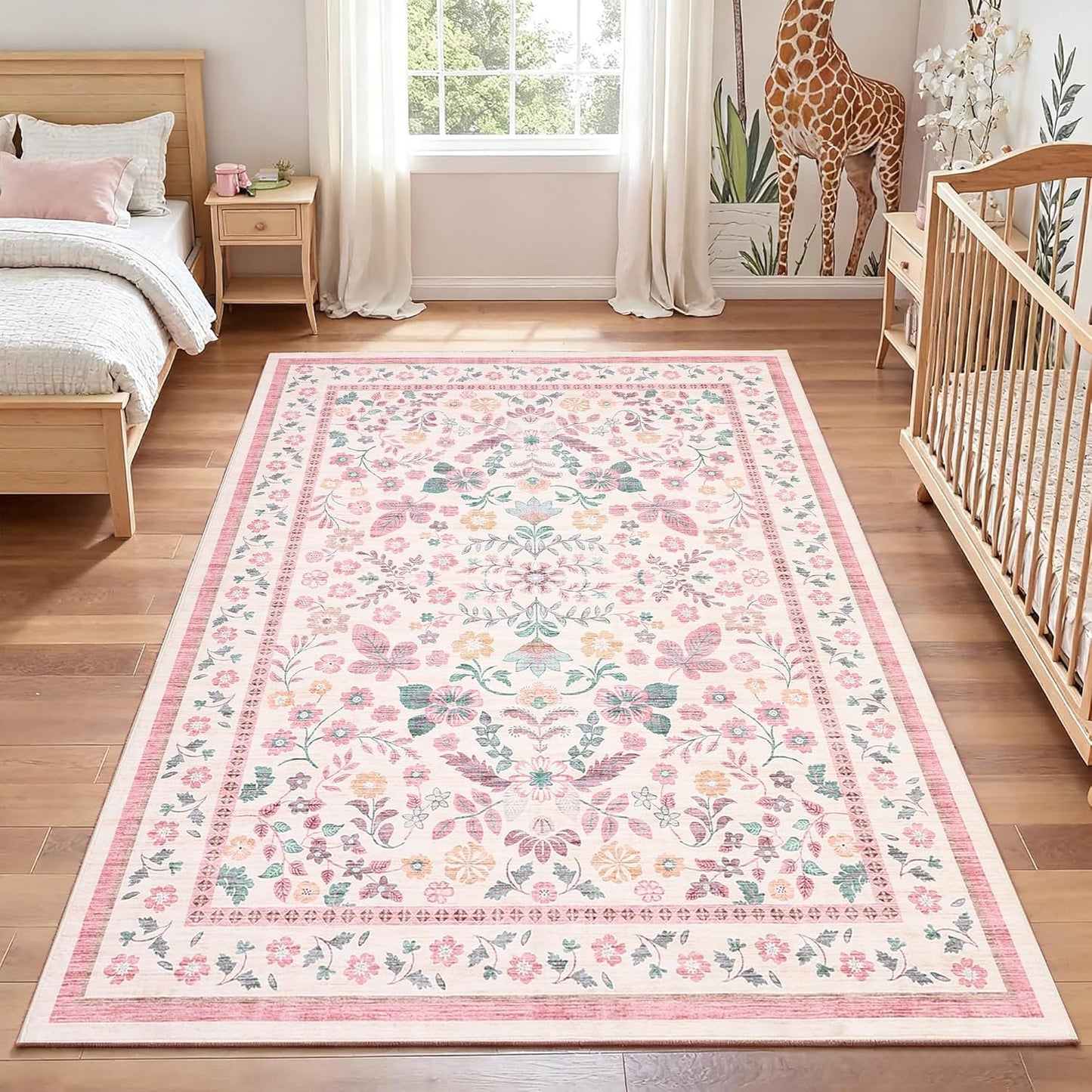 GarveeHome 10x14 Area Rugs for Living Room Machine Washable Floral Rugs Soft Stain Resistant Non-Slip Backing Low Pile Floor Carpet for Bedroom Girls Room Farmhouse Pink